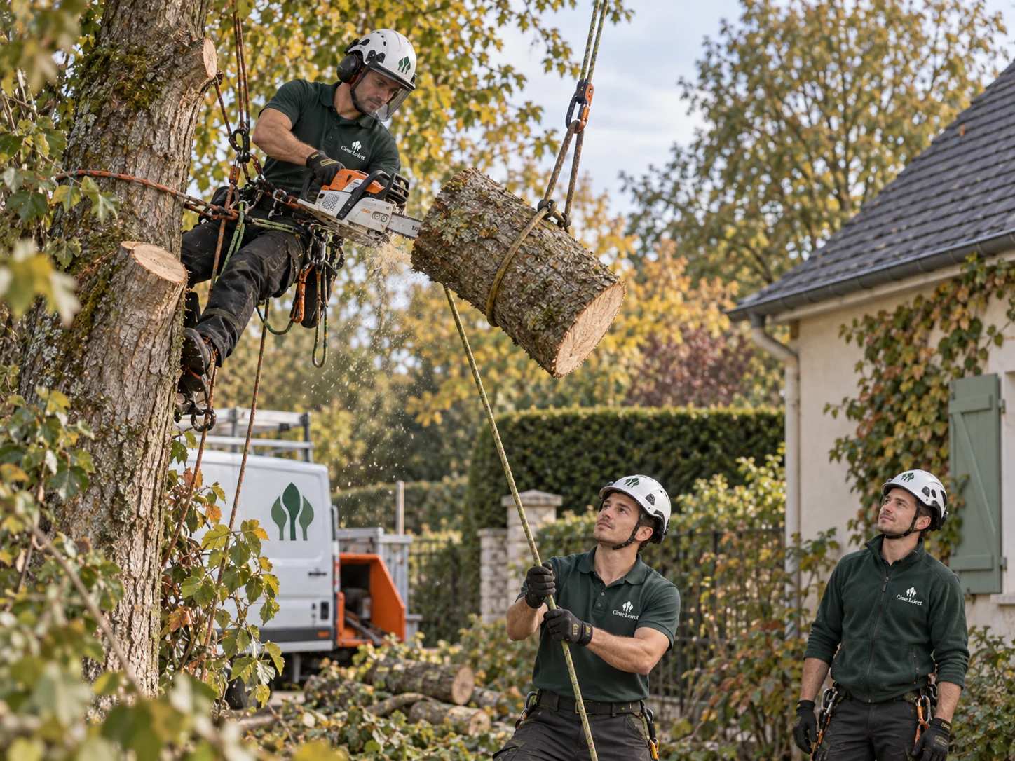 Démontage contrôlé d’un arbre par l’équipe Cime Loiret avec un système de rétention