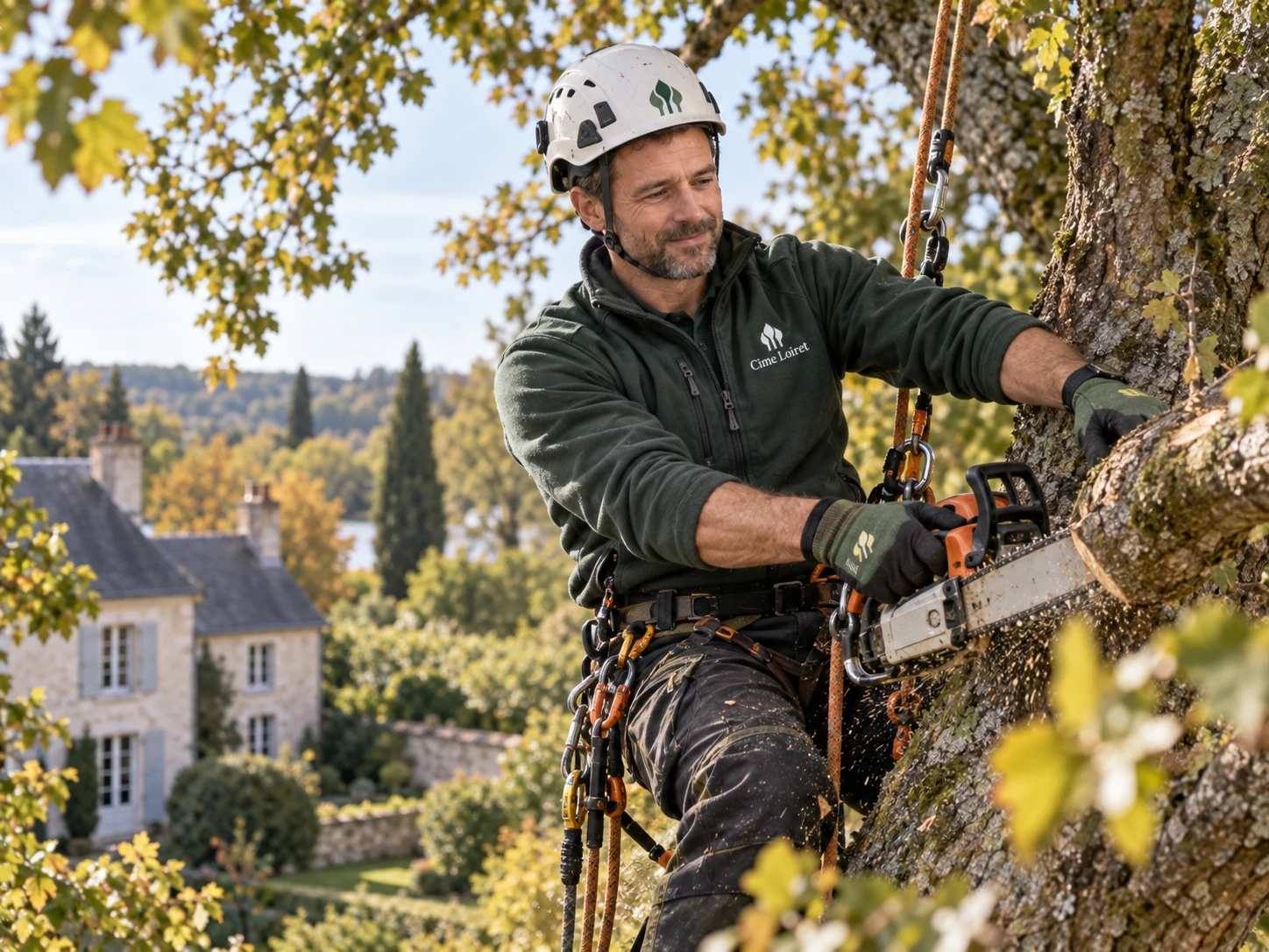 Mathieu Delmas, élagueur-grimpeur Cime Loiret, en intervention dans un grand arbre