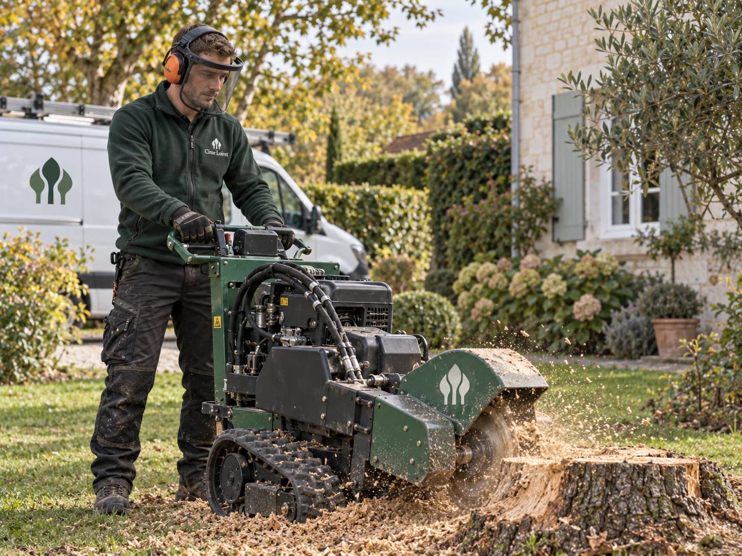 Opérateur Cime Loiret utilisant une rogneuse de souche dans un jardin